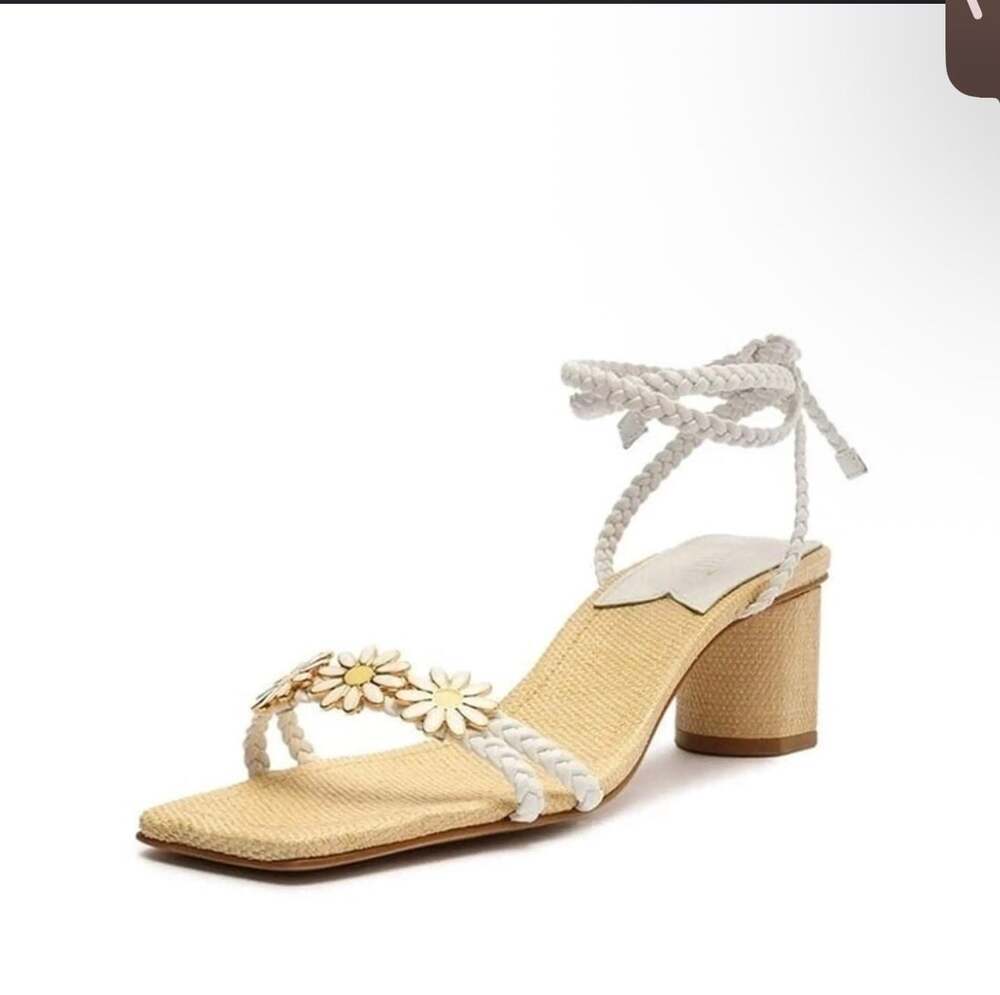 Schutz Hina Mid Daisy Embellished Lace-Up Sandals Size 8B